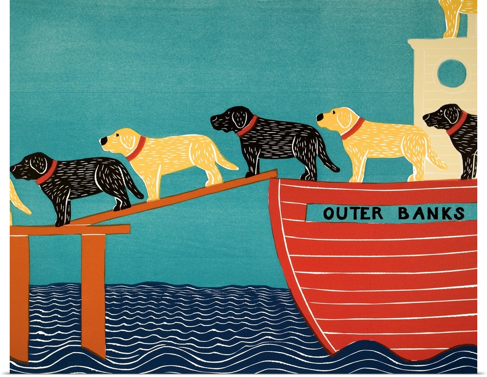 Illustration of a pattern of black and chocolate labs walking off of an Outer Banks Ferry.