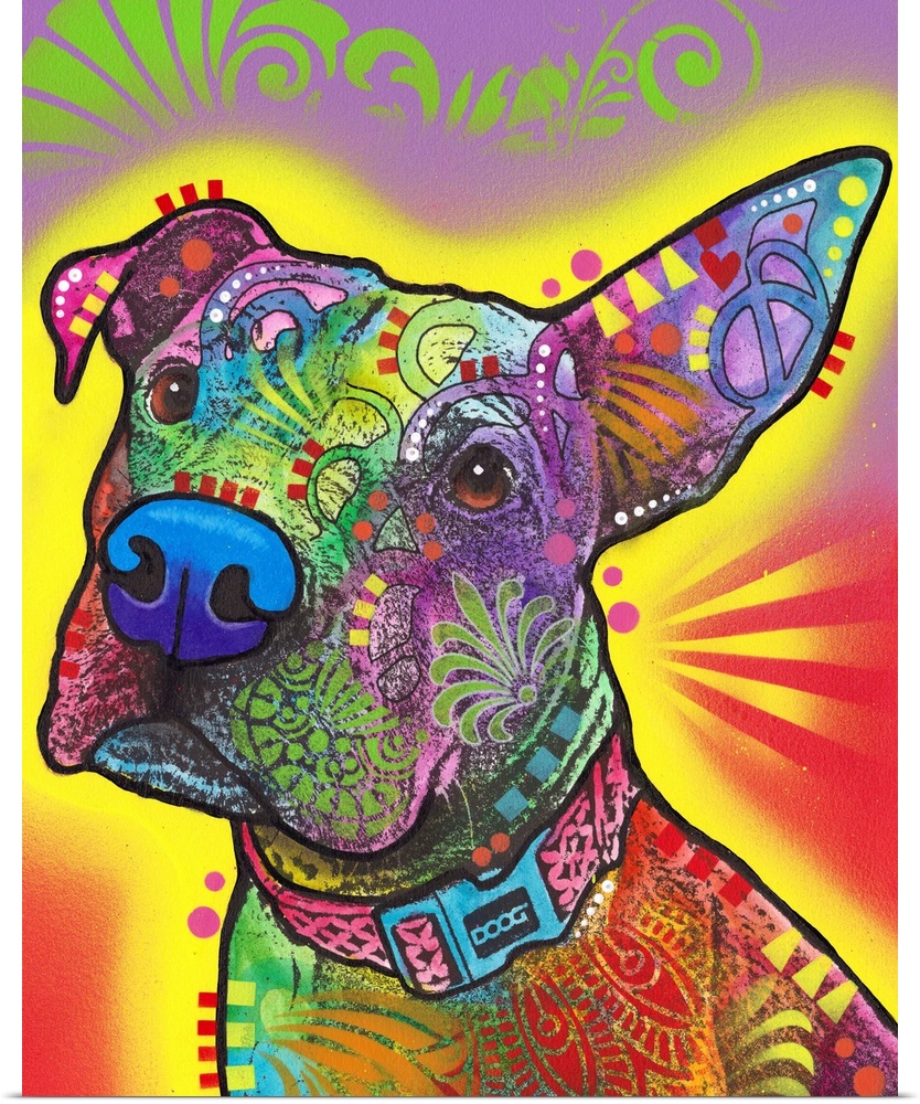 Colorful illustration of a dog with one ear sticking straight up and intricate designs all over.