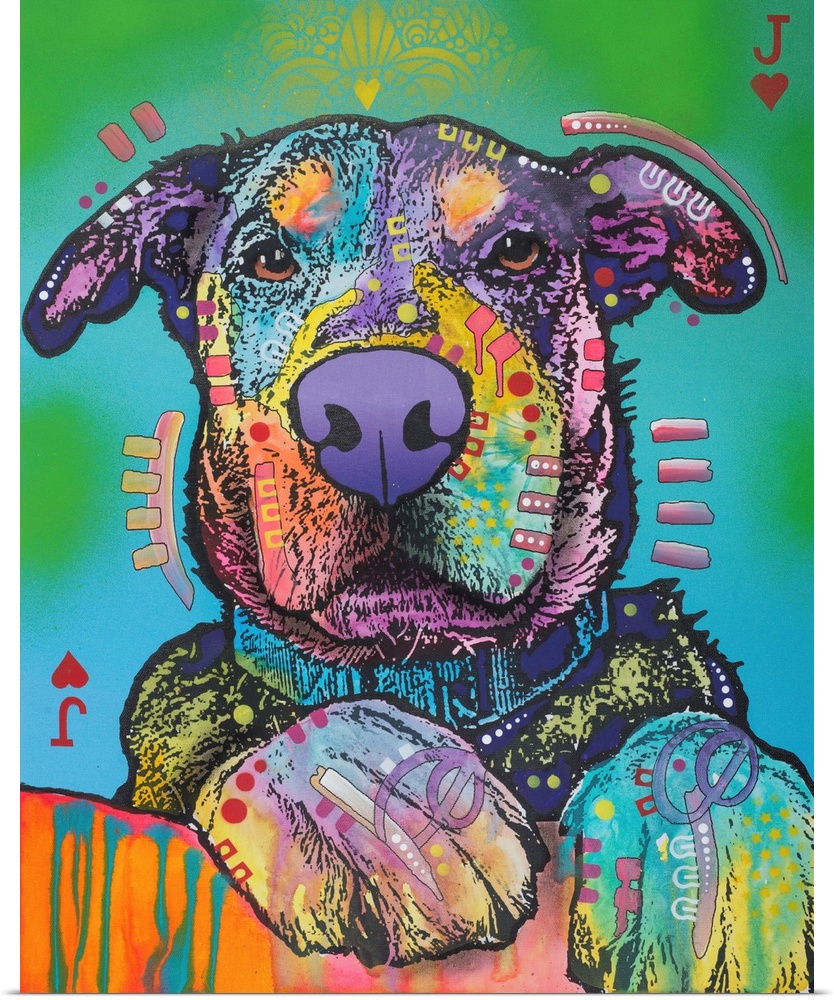 Colorfully designed painting of a dog with its paws in the foreground on a blue and green background and a Jack of Hearts ...