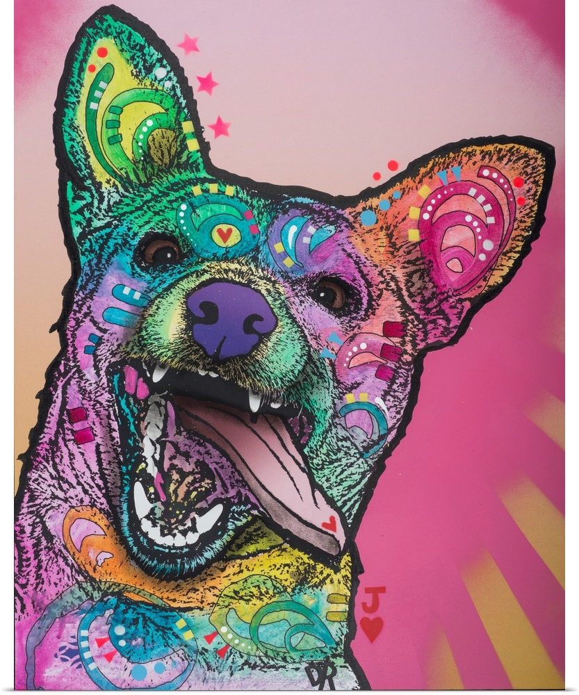 Funny painting of a colorful dog with its mouth open and tongue sticking out on a pink background with gold beams at the b...