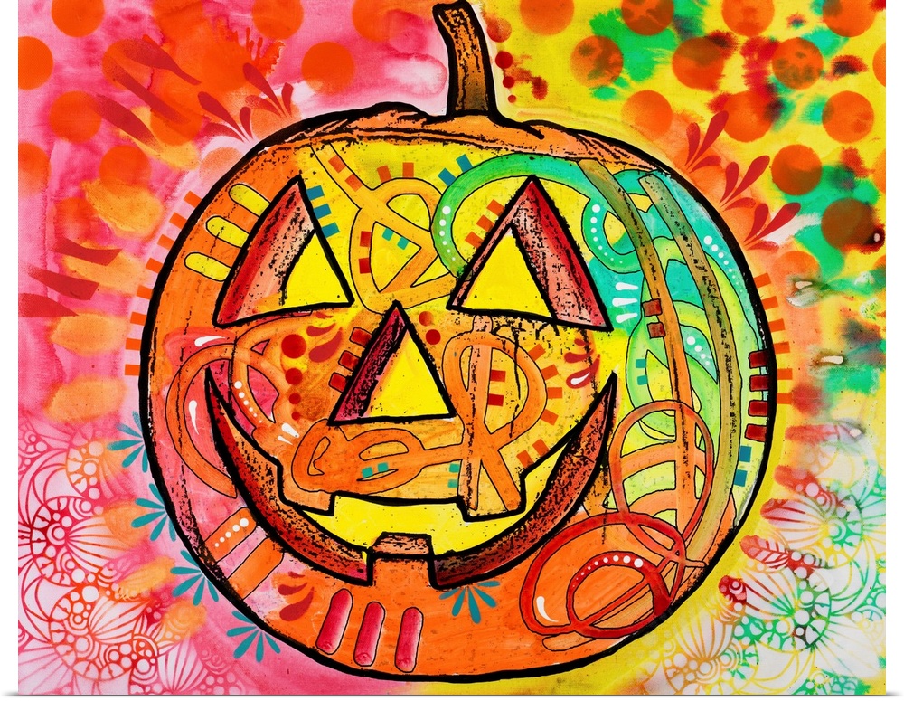 Brightly colored painting of a jack o lantern surrounded by abstract designs.