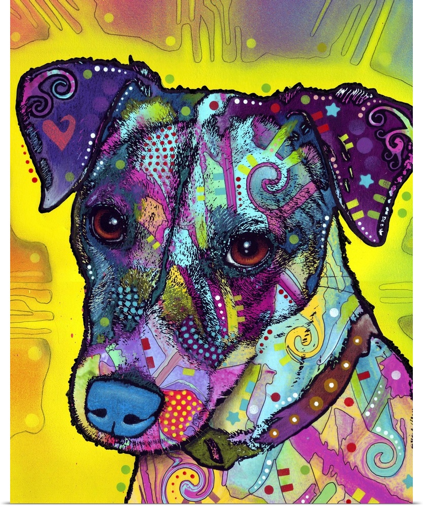 Pop art style painting of a Jack Russel with abstract designs.