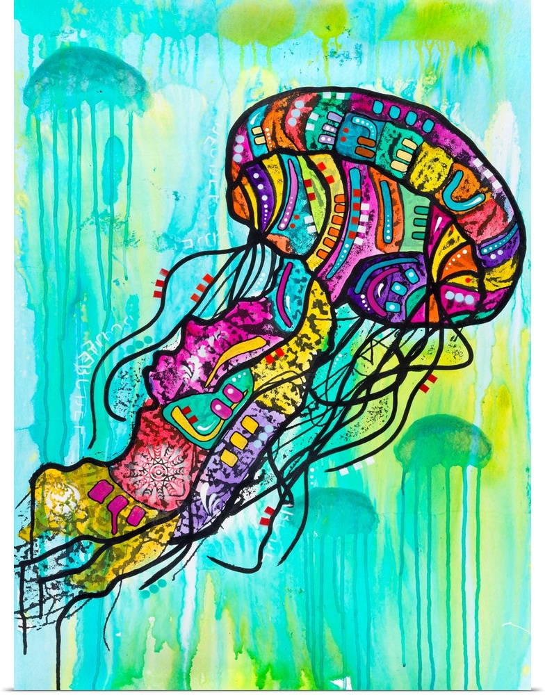 Contemporary stencil painting of a jellyfish filled with various colors and patterns.