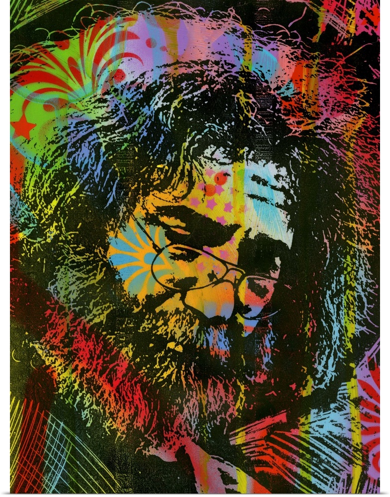 Busy illustration of Jerry Garcia with a colorful graffiti style overlay.
