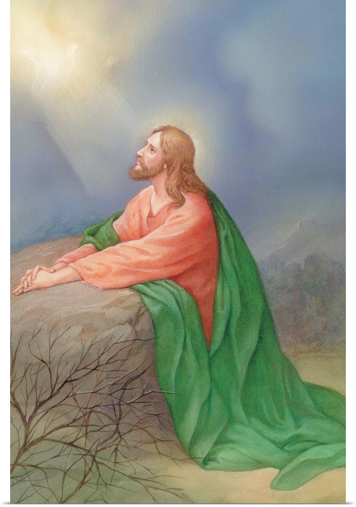 Jesus kneeling by a rock praying