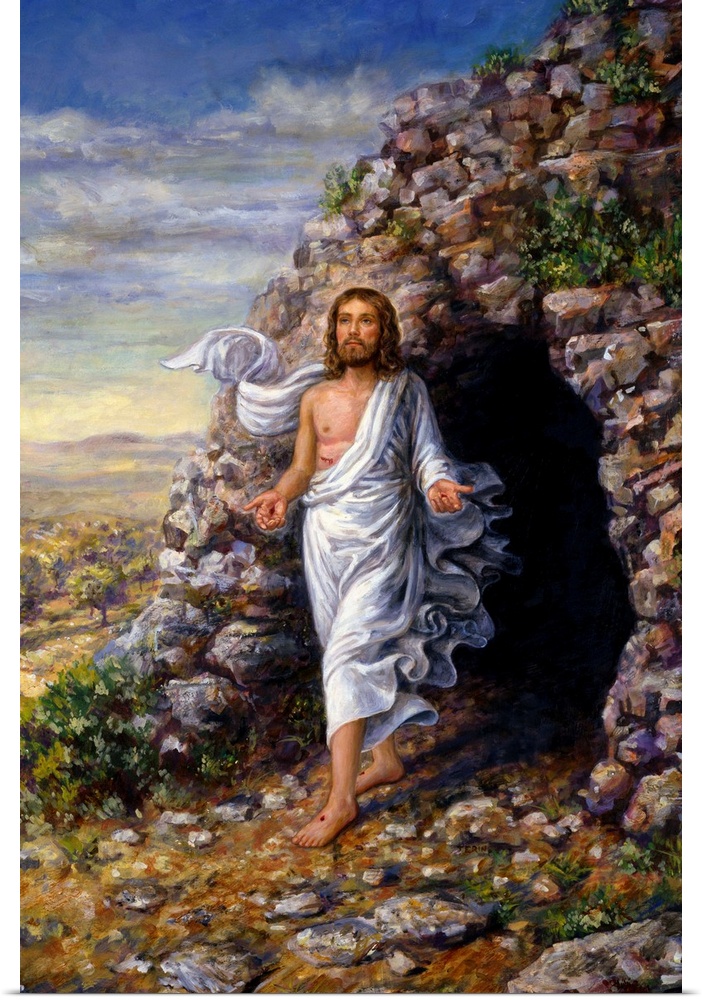 Jesus, resurrected, emerges from the tomb.