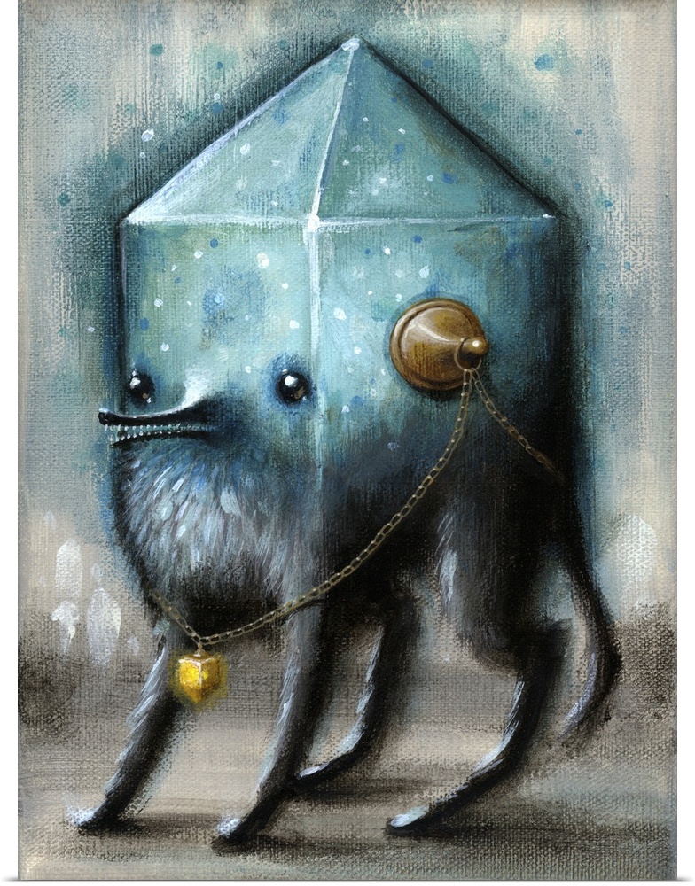 Surrealist painting of an animal with a glass geometric blue glowing shape for a head.