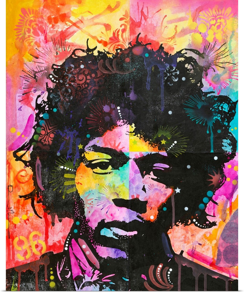 Pop art style painting of Jimi Hendrix with bright warm hues and graffiti-like designs.