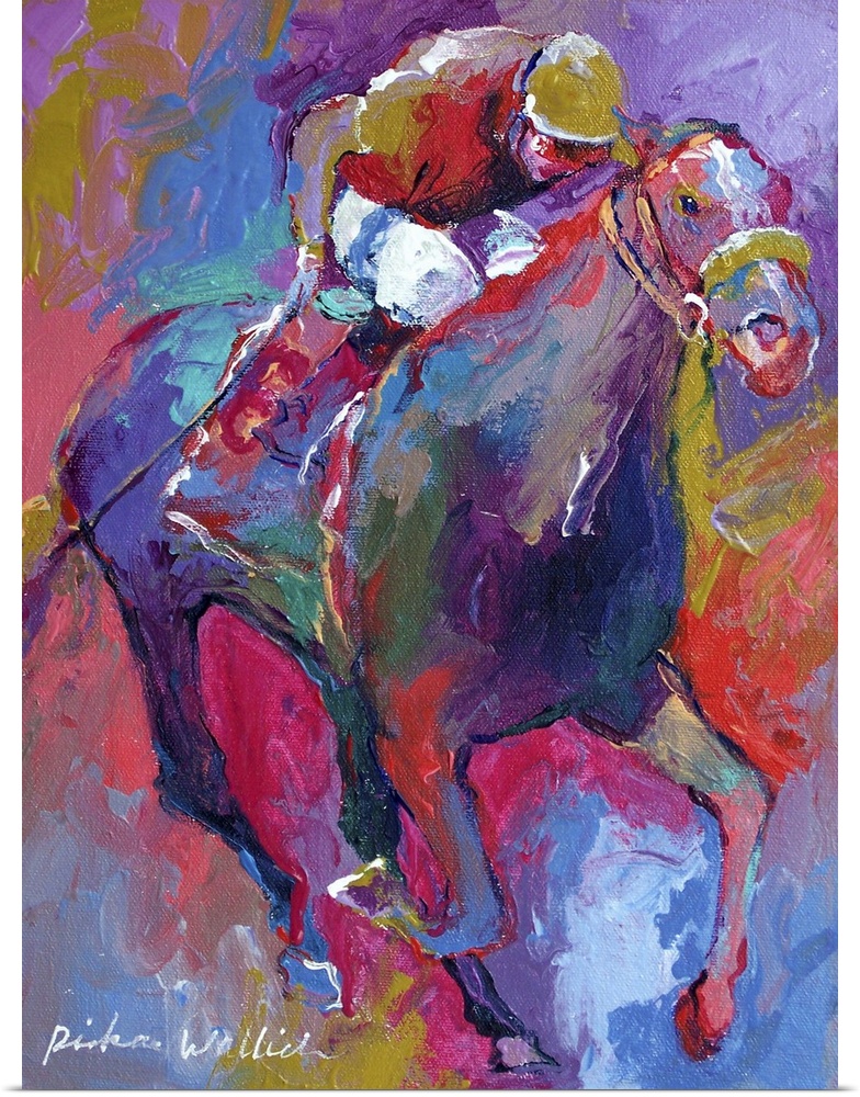 Contemporary colorful painting of jockeys riding horses in a race.