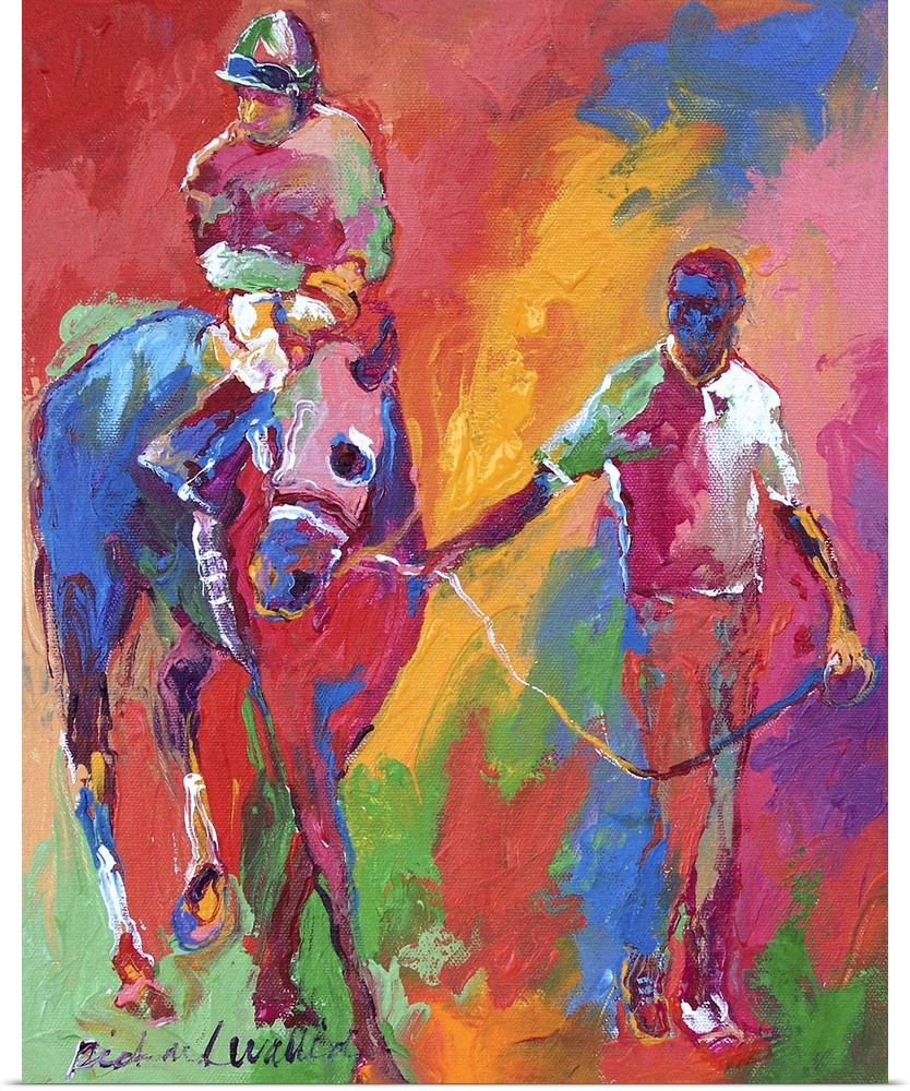 Contemporary colorful painting of a jockey on horseback being led.