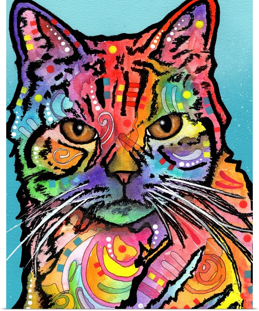 Colorful illustration of a cat with graffiti-like markings on a blue background.