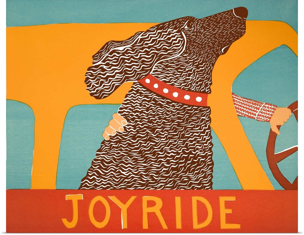Illustration of a chocolate lab riding in a car with its head out of the window and the phrase "Joyride" written at the bo...