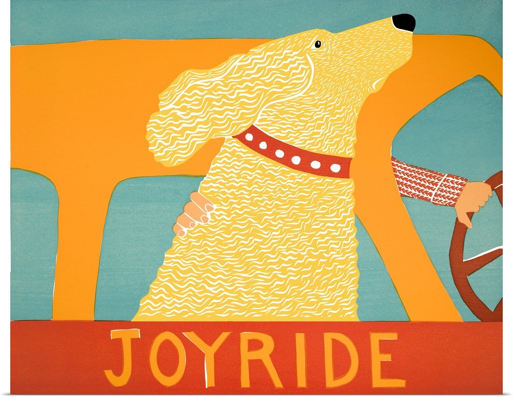 Illustration of a yellow lab riding in a car with its head out of the window and the phrase "Joyride" written at the bottom.