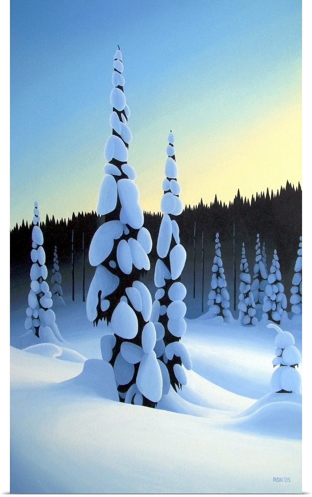 Painting of tall trees with branches weighed down by heavy snow in winter.