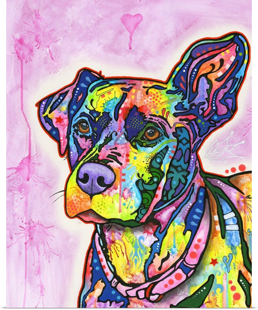Colorful painting of a Labrador with graffiti-like designs on a pink background.