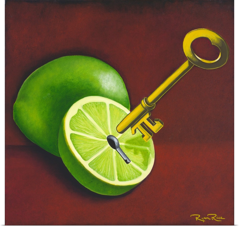 Square pun painting of two limes and a golden key with the pi symbol on the end (key lime pi - key lime pie)