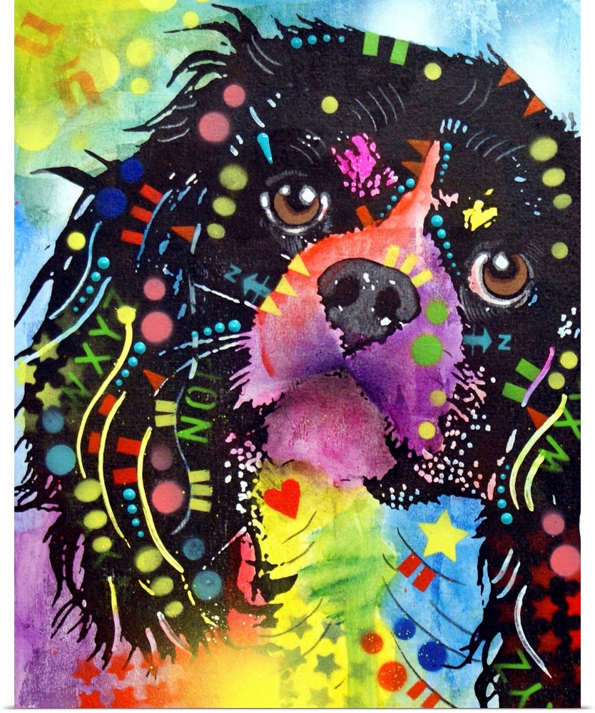 Contemporary stencil painting of a king charles spaniel filled with various colors and patterns.