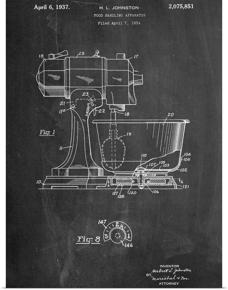 Black and white diagram showing the parts of a stand mixer.