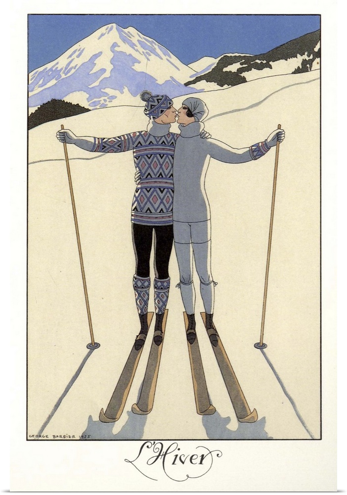 Artwork of a vintage fashion illustration of a woman displaying winter fashion while skiing.