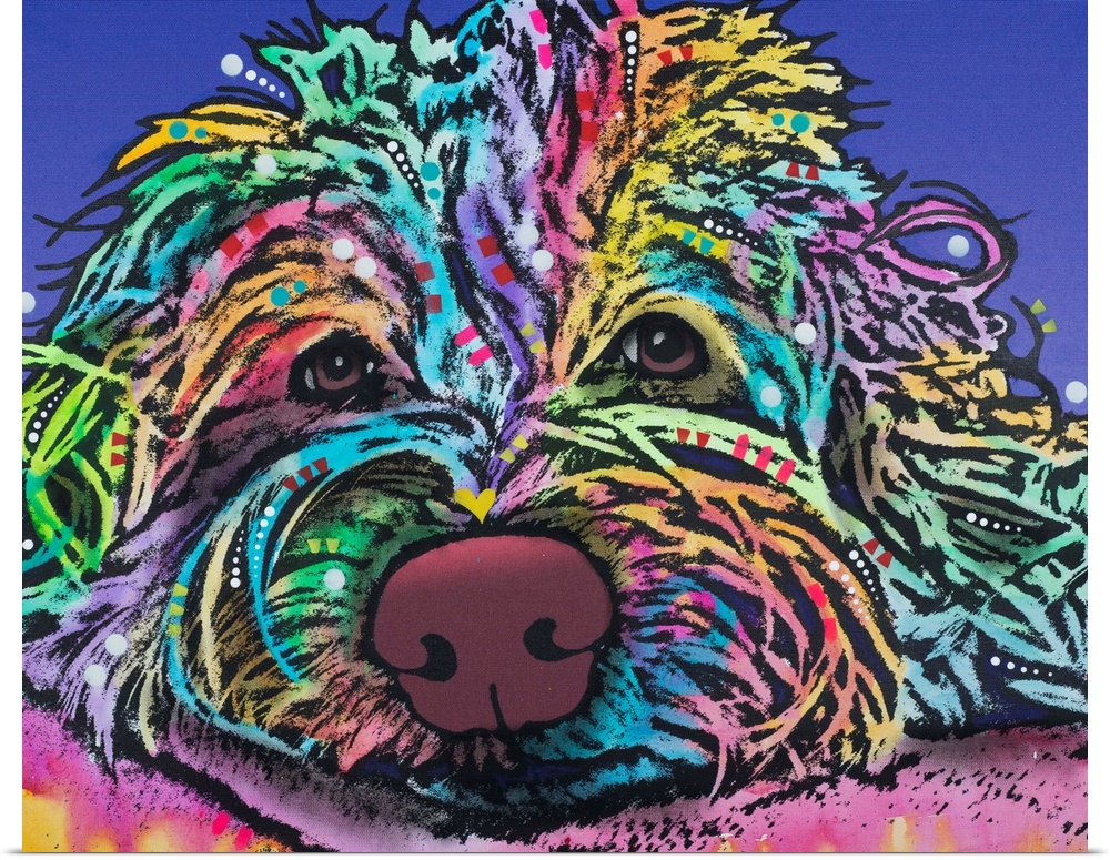 Colorful painting of a Bearded Collie resting its head with geometric designs throughout its hair.