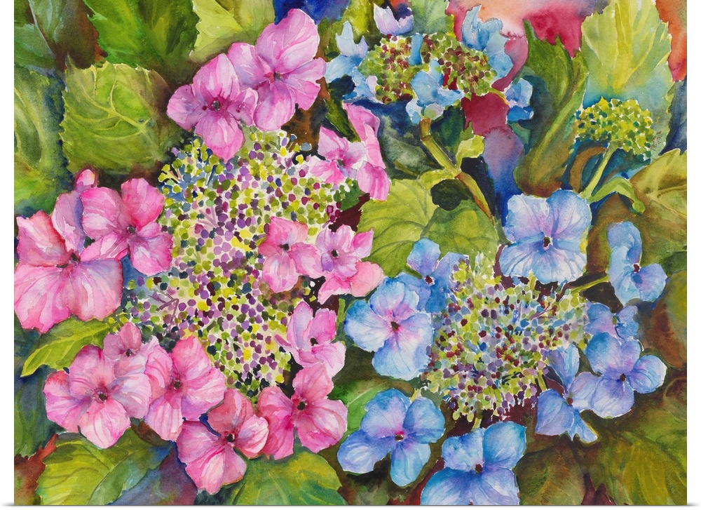 Colorful contemporary painting of pink and blue hydrangeas.