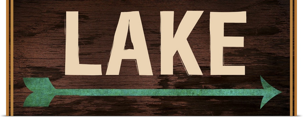 Dark wooden sign with a teal arrow, 2 orange lines on each side, and the word "Lake" written across it.
