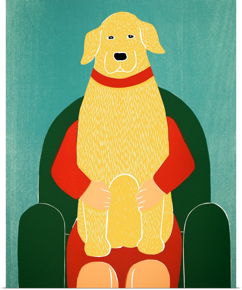 Illustration of a yellow lab sitting on its owners lap on a green chair.