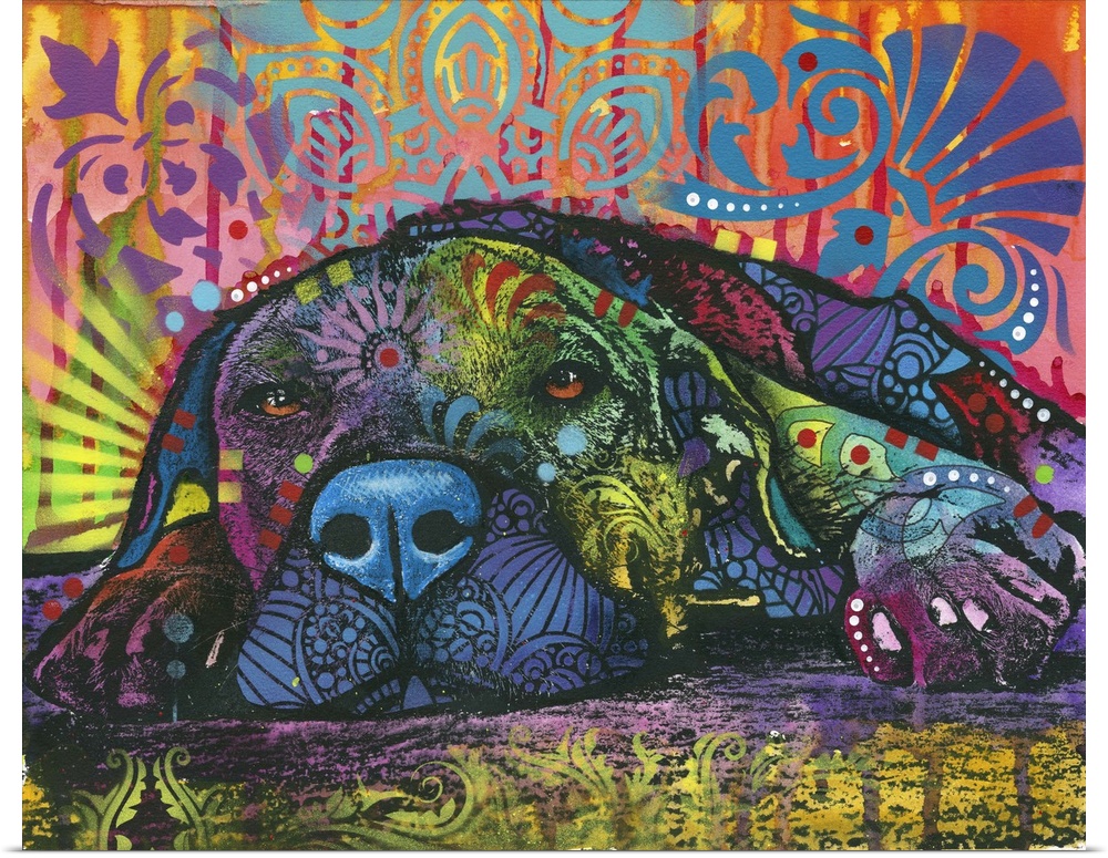 Pop art style painting of a lazy dog laying down on the ground with various colors and designs all over.