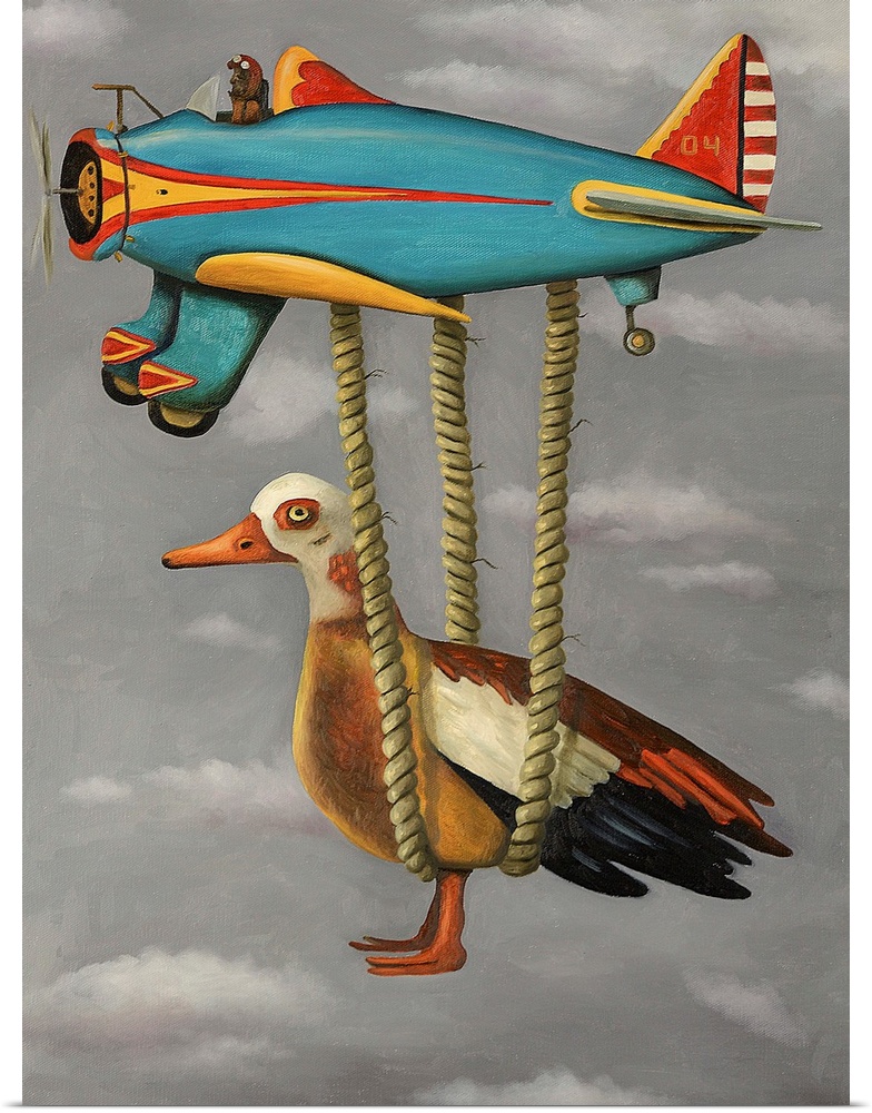 Surrealist painting of a duck being carried by a toy plane.