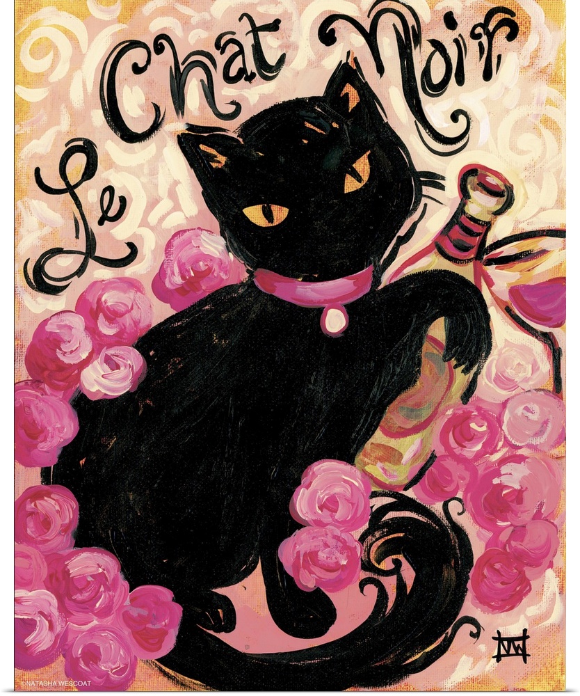 Painting of a black cat with a pink collar holding a bottle of wine.
