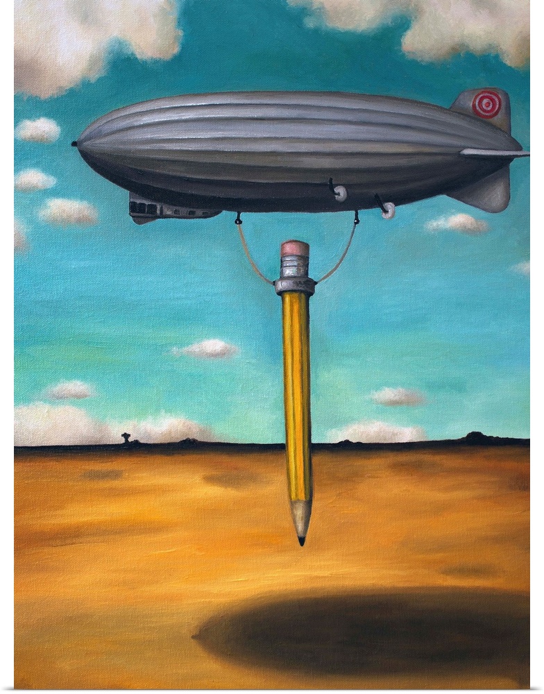 Surrealist painting of a zeppelin carrying a pencil above an arid desert landscape.