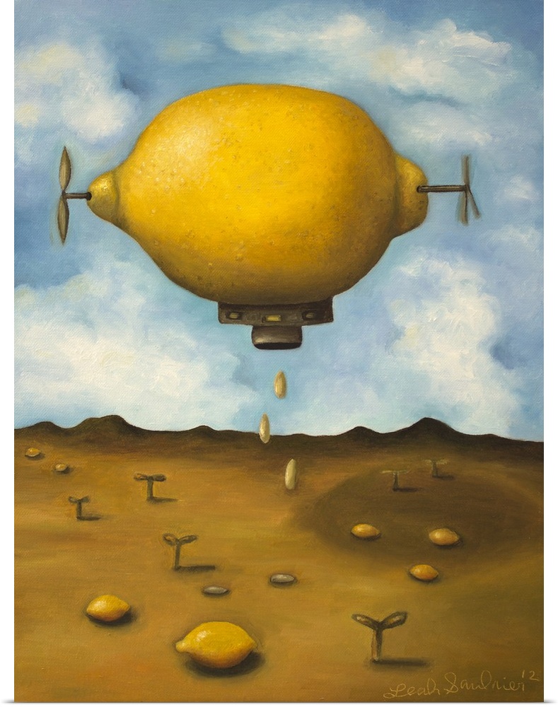 Surrealist painting of a lemon zeppelin above a desert landscape.