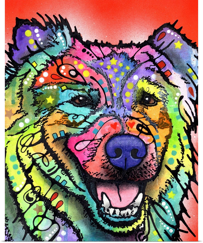 Colorful painting of a happy dog in every color of the rainbow with graffiti like designs and a red background.