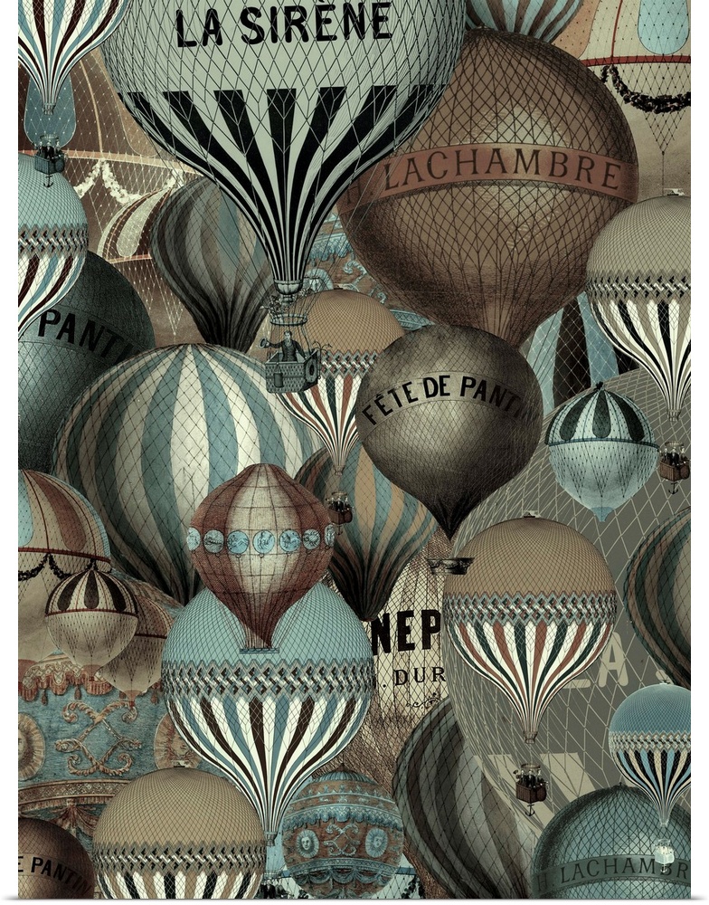 Artwork of vintage hot air balloons.