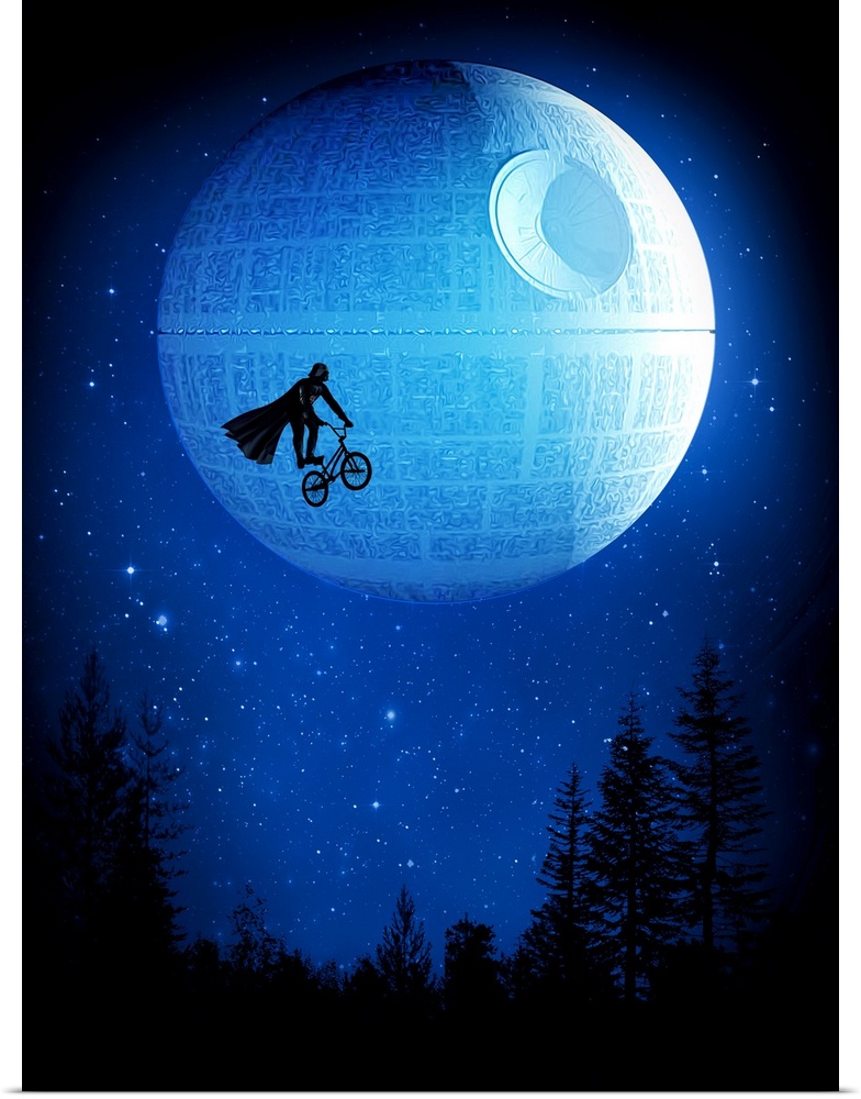 Pop art of Darth Vader on a bicycle in the sky in front of the Death Star.