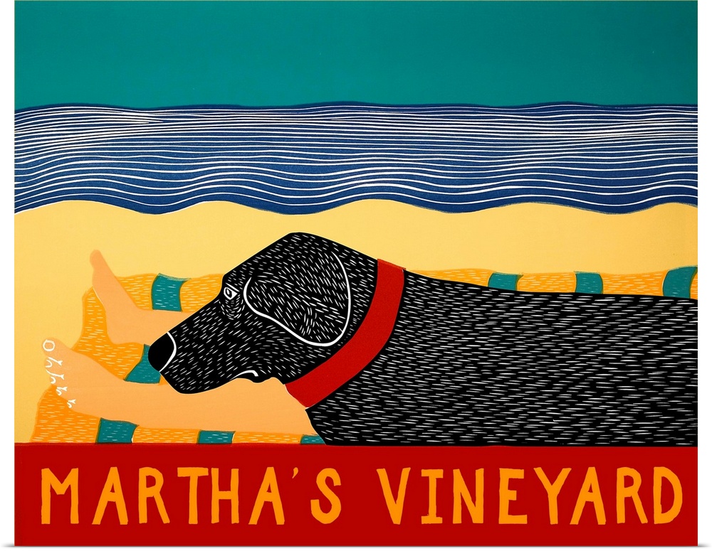 Illustration of a black lab laying next to its owner on the beach at Martha's Vineyard.