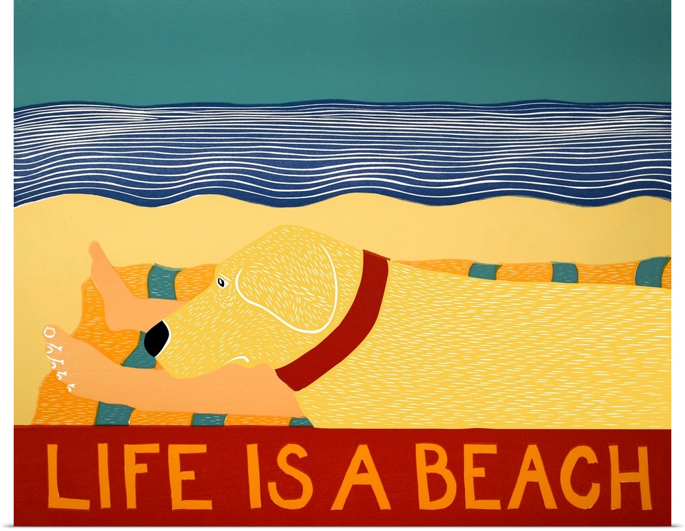 Illustration of a yellow lab laying next to its owner on the beach with the phrase "Life is a Beach" written on the bottom.