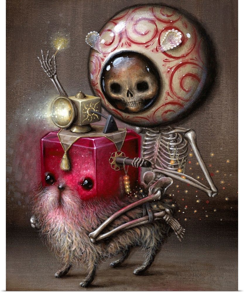 Surrealist painting of a human skeleton wearing a large colorful round helmet, riding a creature with a glowing red cube s...
