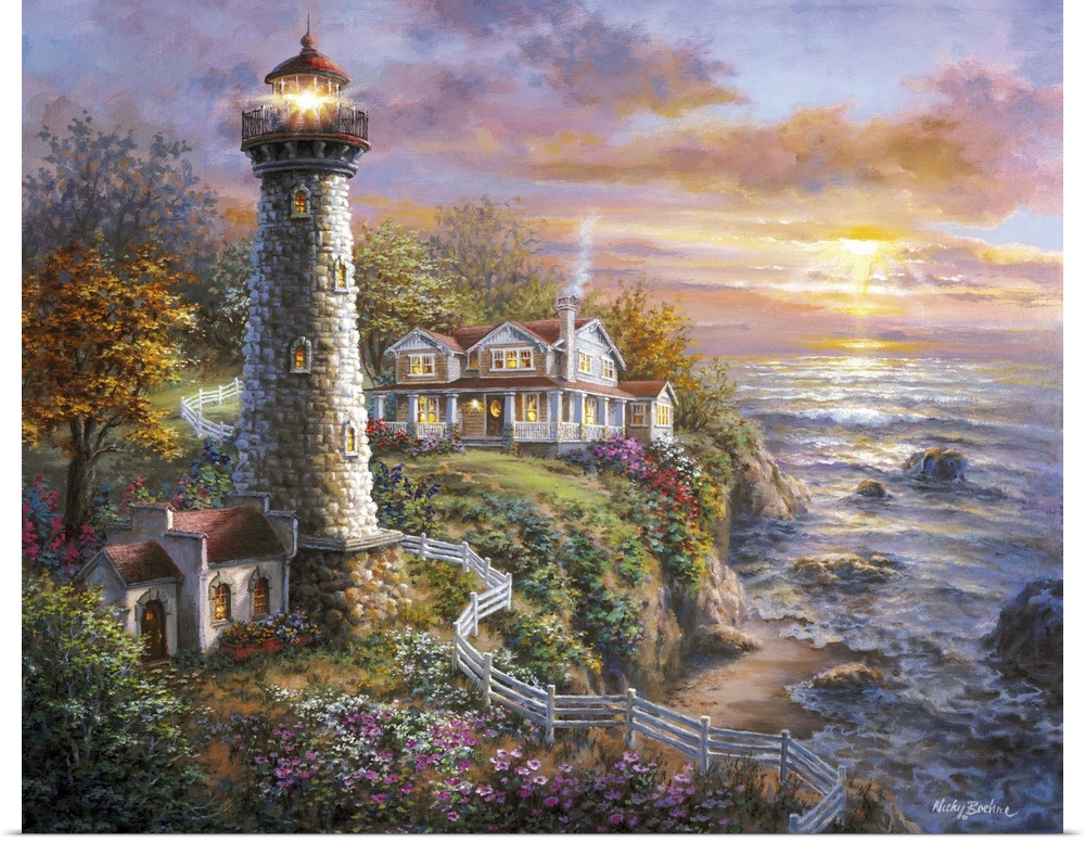Painting of a lighthouse at sunset. Product is a painting reproduction only, and does not contain actual lights.