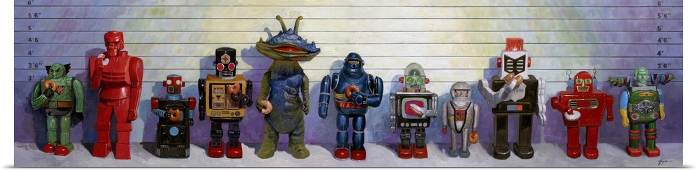 A contemporary painting of a police line up displaying retro Japanese robot toys holding and eating donuts.