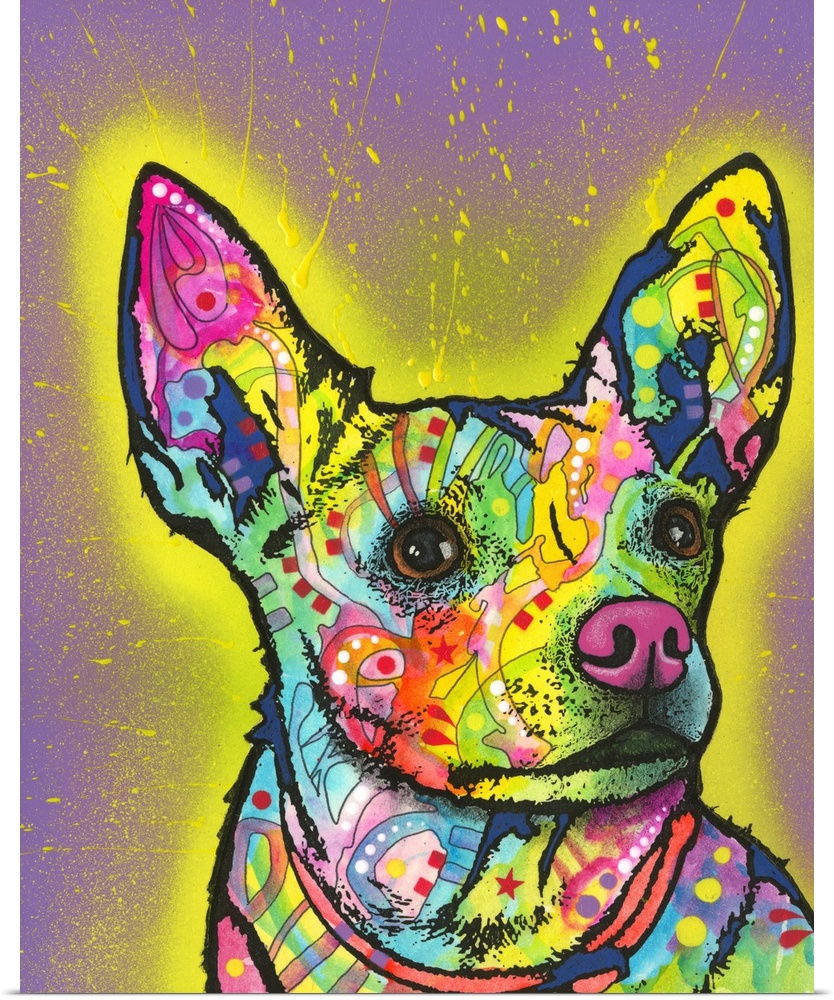 Pop art style painting of a colorful Italian Greyhound with graffiti-like designs on  a purple background with a yellow sp...