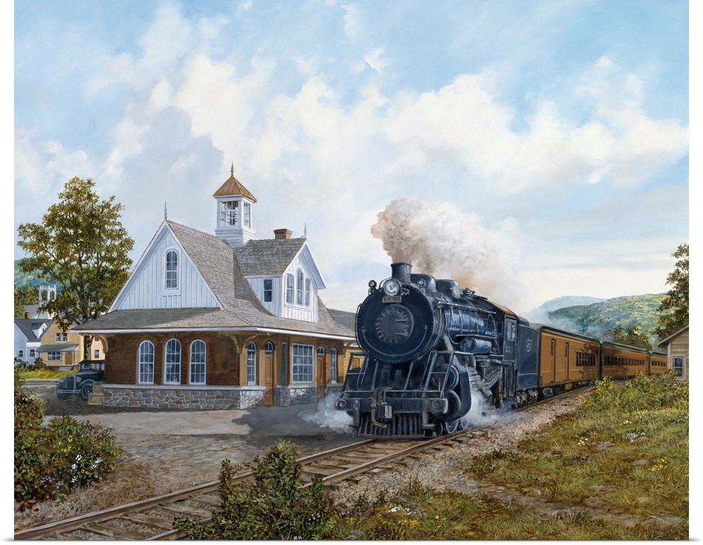 Painting of a train pulling into the station in a rural area.