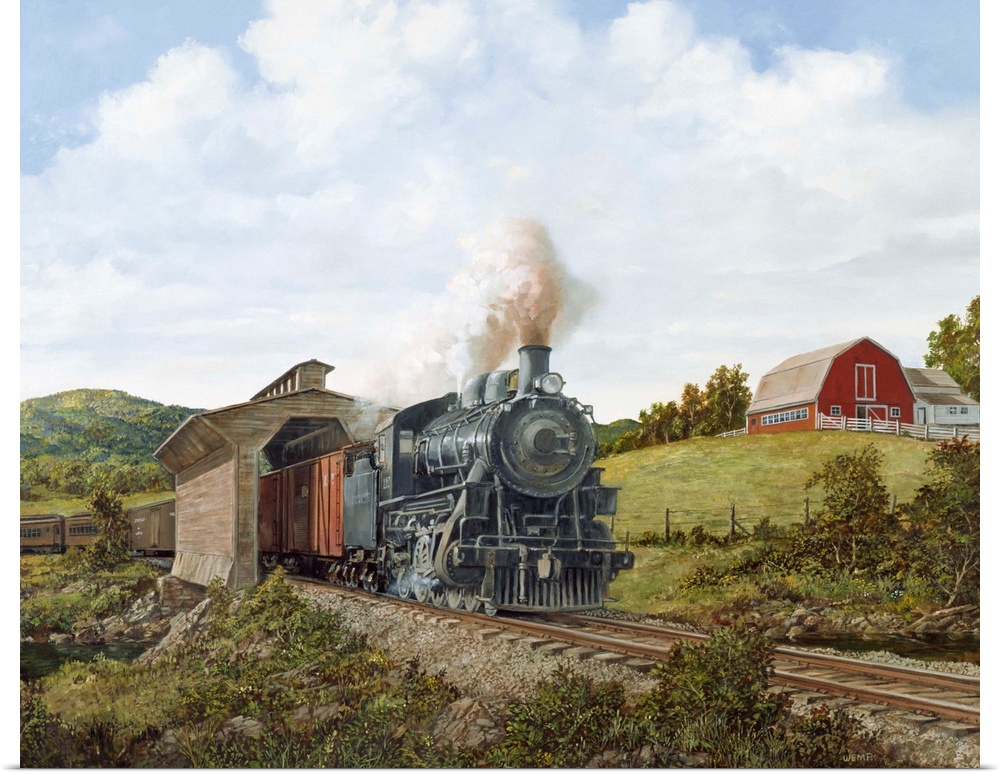 Contemporary painting of a locomotive passing through a covered bridge in a rural landscape.