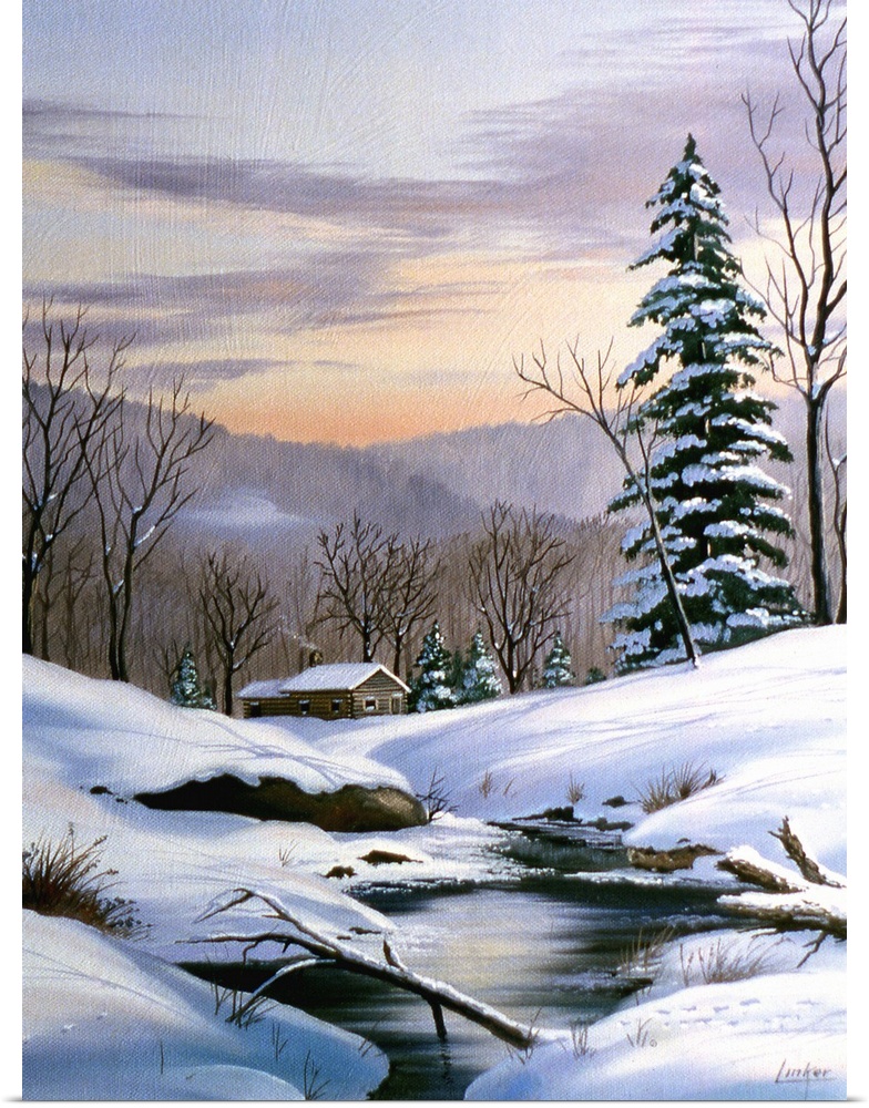 Contemporary painting of a cabin in the woods by a stream after a heavy snowfall.