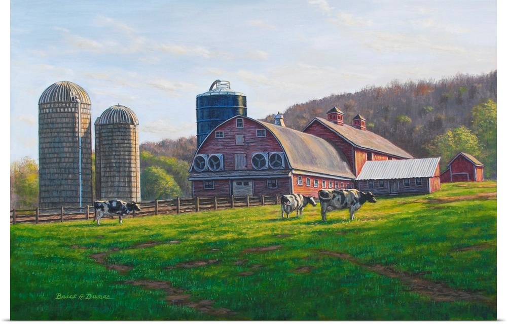 Contemporary artwork of a cow and farm scene.