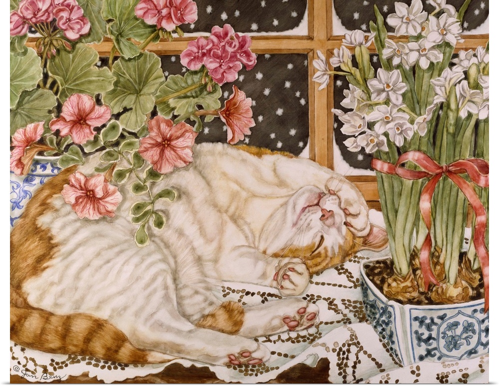 Painting of a cat sleeping on a table next to vases of flowers.