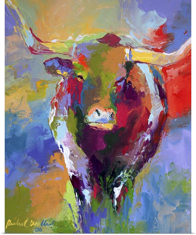 Contemporary vibrant colorful painting of a bull with large horns.