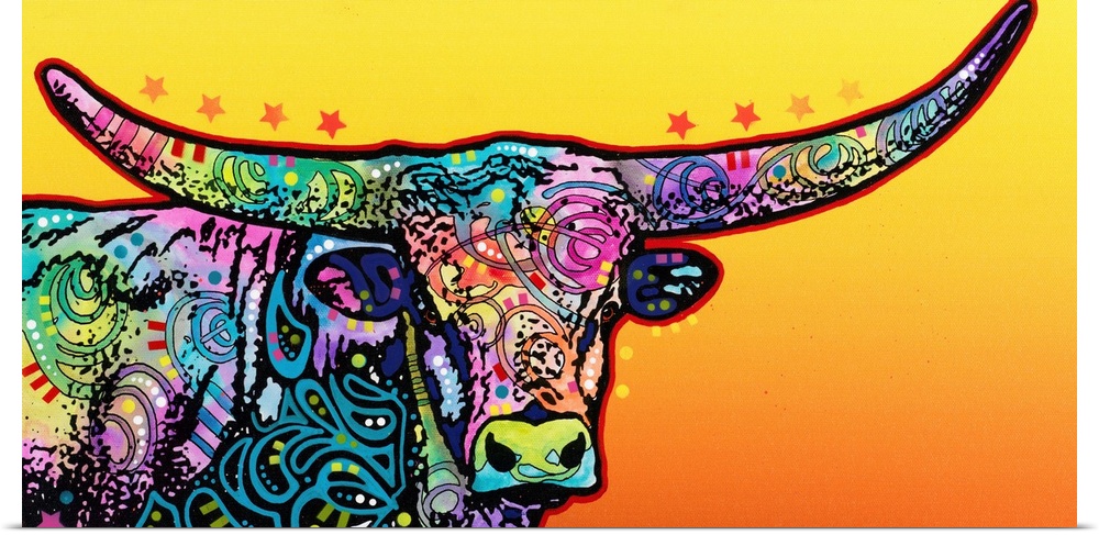 Colorful painting of a longhorn with abstract designs on a yellow and orange gradient background.