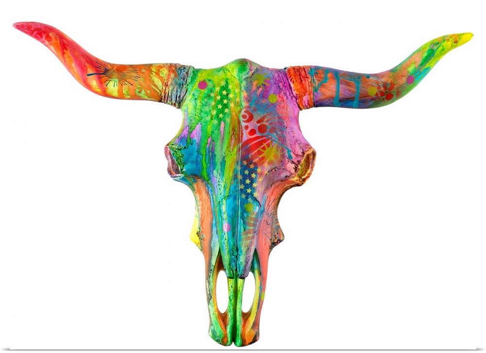 Colorful painting of a longhorn skull covered in abstract designs on a solid white background.