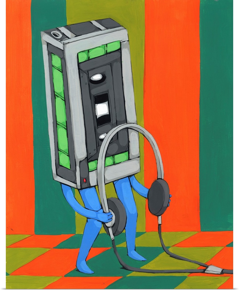 Painting of a cassette tape player with arms and legs holding a pair of headphones on an orange, teal, and yellow-green pa...